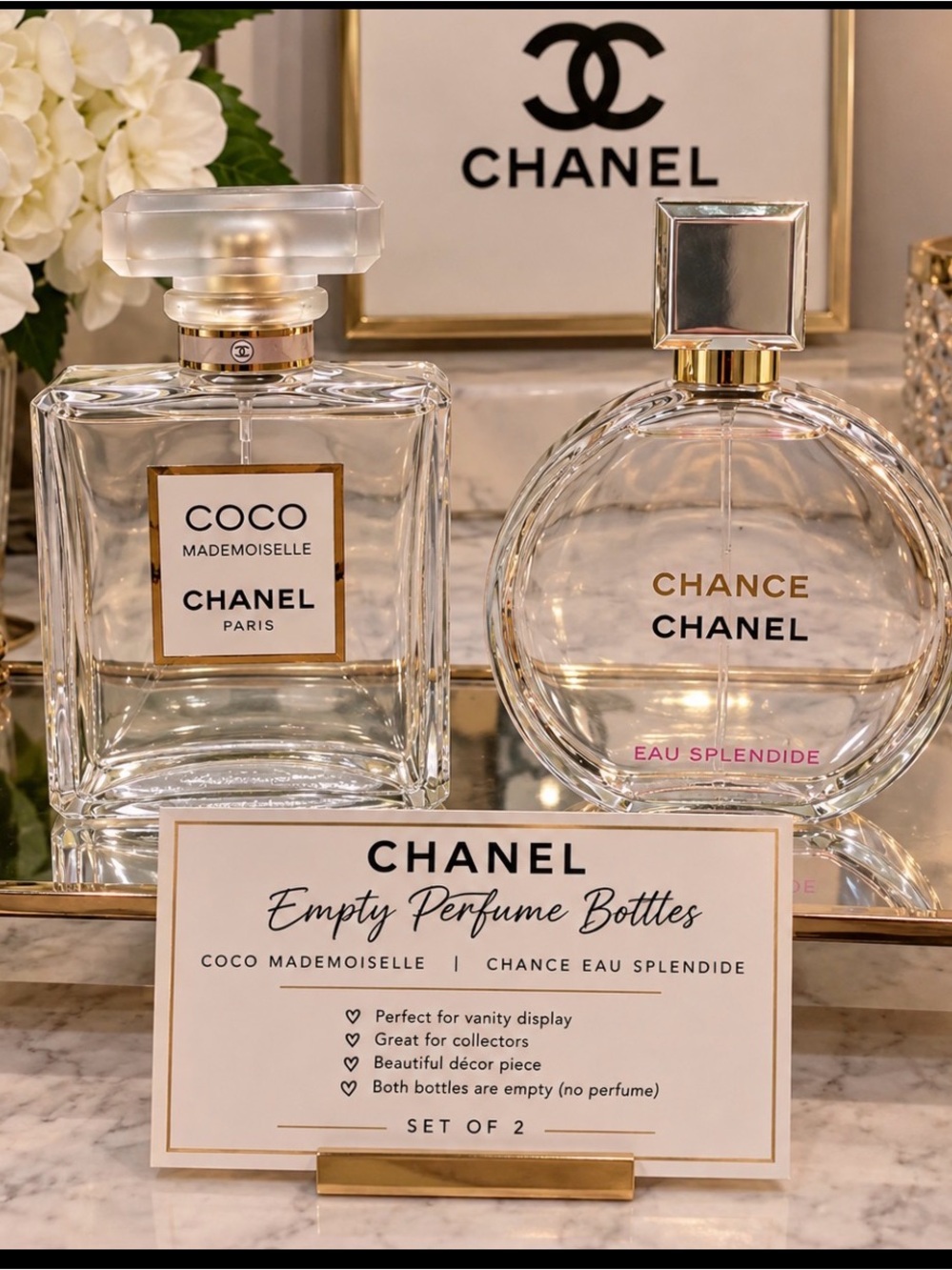 CHANEL Clear Glass & Gold Accent Coco Mademoiselle and Chance Bottles